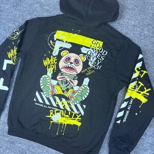 Fresh Laundry Graphic Hoodie Bear Good Vibes Lost Reality Print Black Men's Sz M